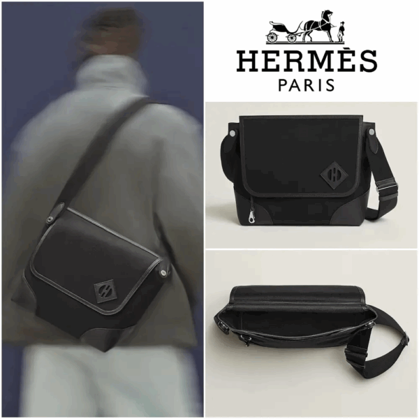 HERMES★黒x黒が上品なお仕事メッセンジャーバッグオールバック H084117CJAB